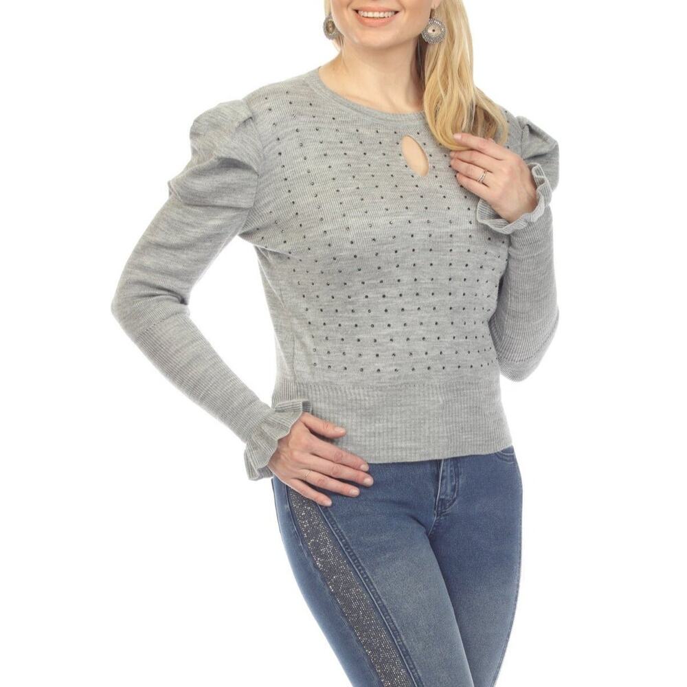 AZI Jeans Women's Size M Gray Puff Sleeve Knit Sweater Keyhole Rhinestones NWT